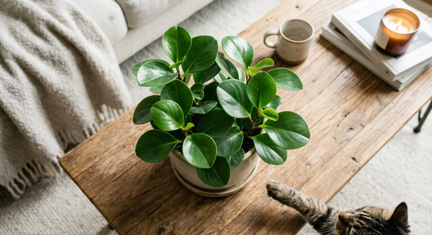 A small Baby Rubber Plant with round shiny leaves on a wooden table.