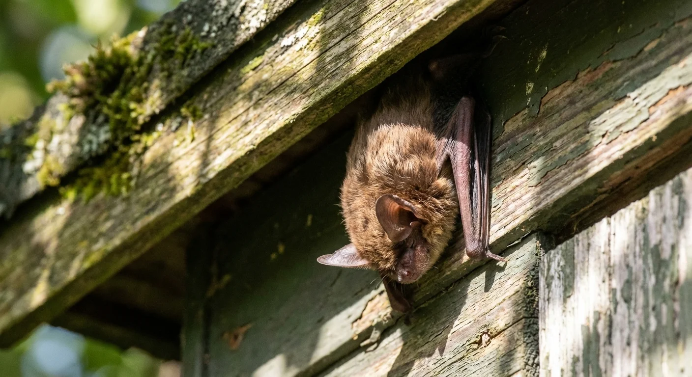 A small bat hanging from the wooden eaves of a garden structure.