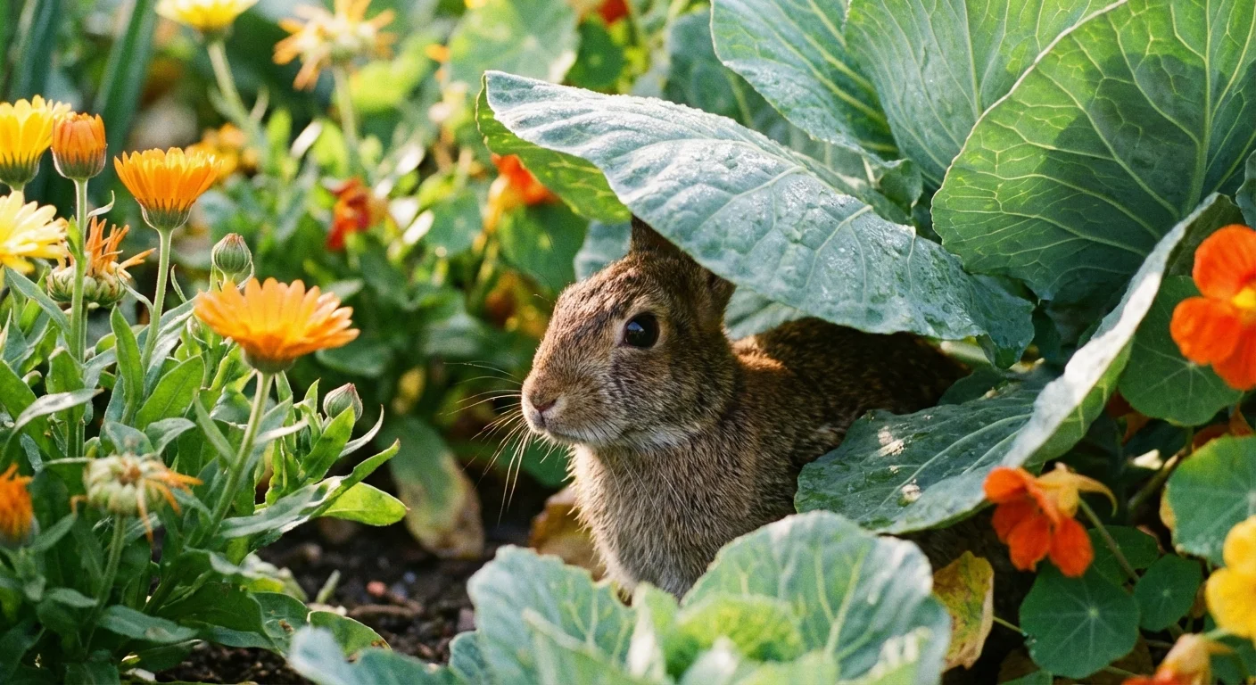 A small brown rabbit hiding under cabbage leaves in a vegetable garden.