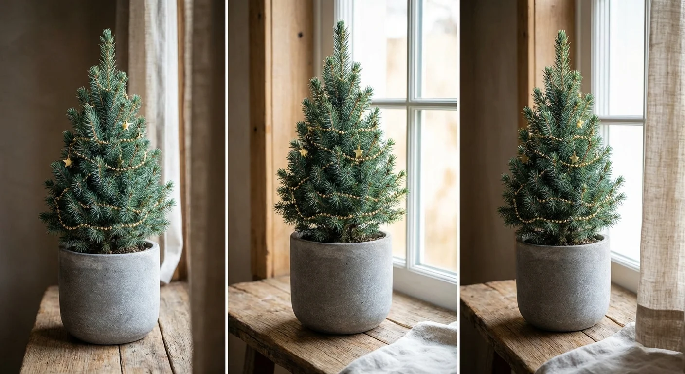 A small, cone-shaped Dwarf Alberta Spruce in a stone pot on a bright windowsill.