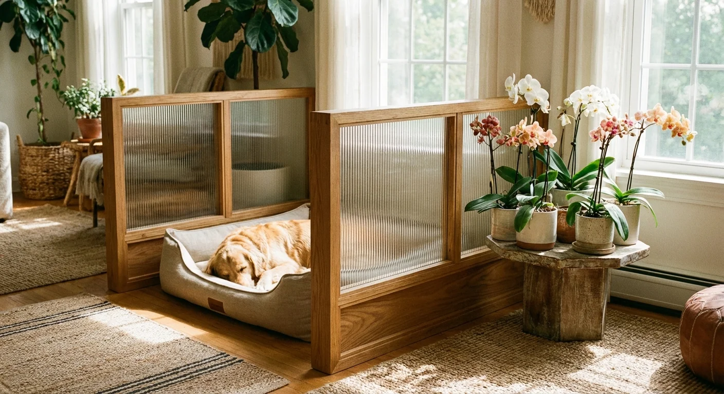 A small decorative indoor fence separating a dog's area from a plant display.