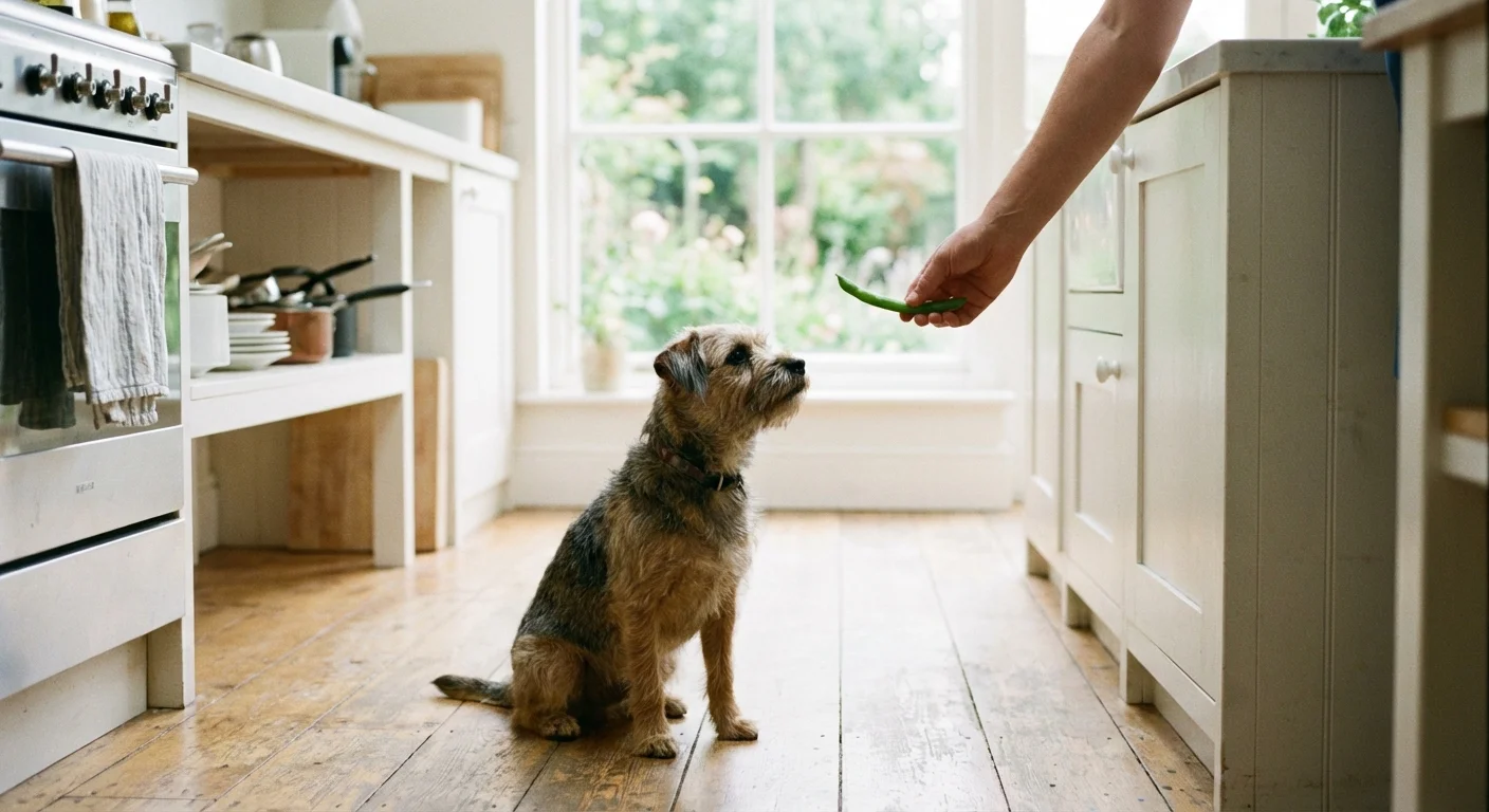 A small dog being fed a green bean in a bright, modern kitchen.