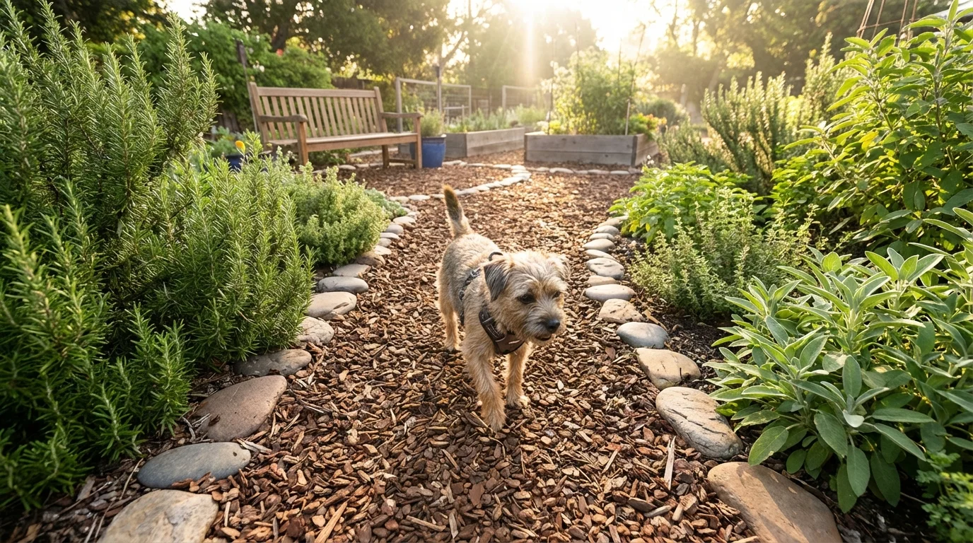 A small dog exploring a safe, mulched garden path surrounded by non-toxic herbs and greenery.
