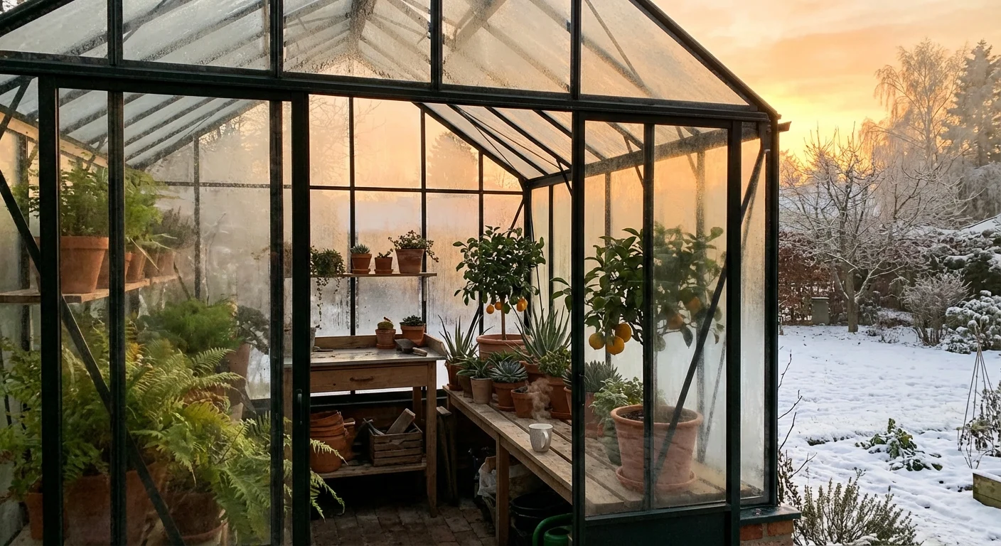 A small glass greenhouse filled with green plants in a winter backyard setting.