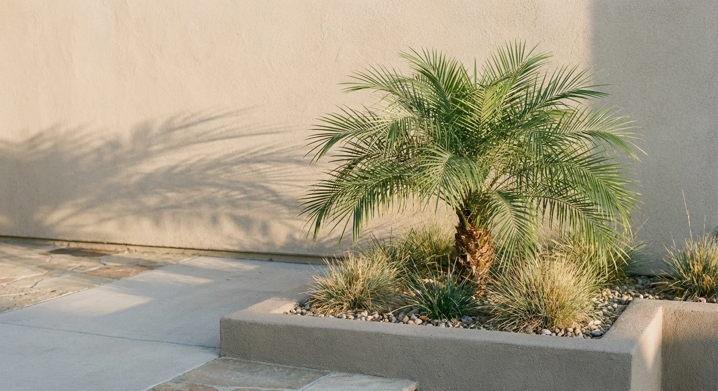 A small, graceful Robellini Palm used as a focal point in a patio garden bed.