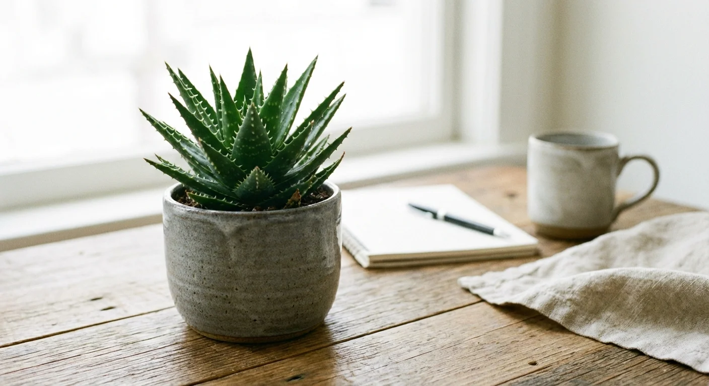 A small Hedgehog Aloe plant in a gray pot on a bright wooden workspace.