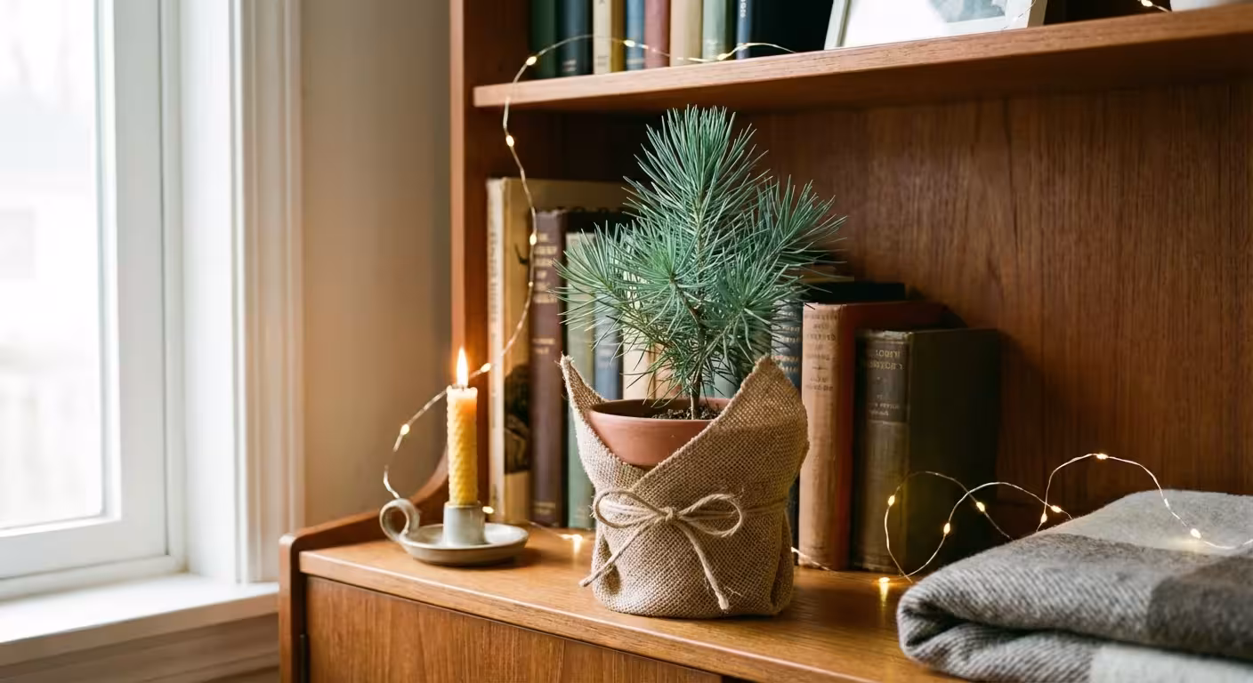 A small Italian Stone Pine in a burlap-wrapped pot sitting on a bookshelf.