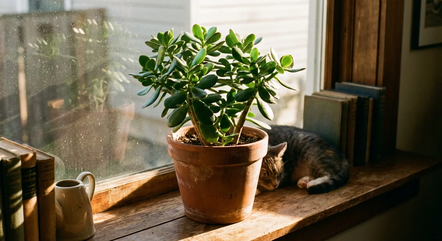 A small Jade succulent plant on a sunny wooden windowsill.