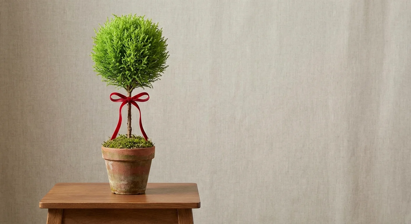 A small Lemon Cypress tree decorated with a red bow in a minimalist indoor setting.