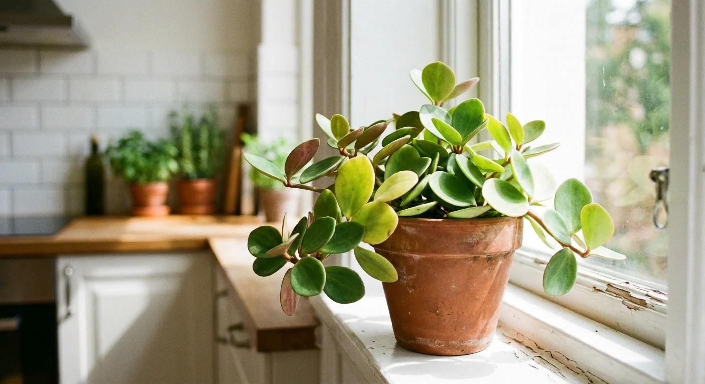 A small Peperomia plant with round leaves on a sunny kitchen windowsill.