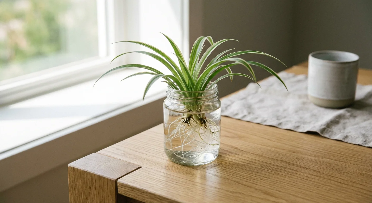 A small spider plant cutting with white roots growing in a glass jar of water.