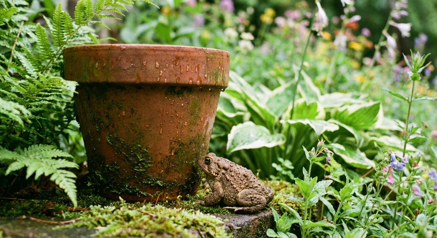 A small toad resting in a damp, leafy garden area near a flower pot.