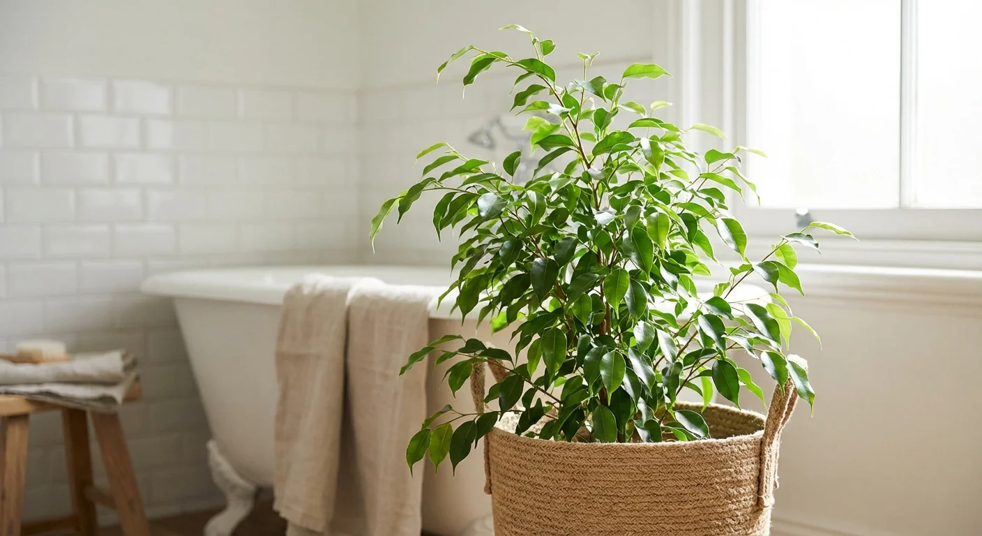 A small Weeping Fig tree in a woven basket next to a white bathtub in a bright room.
