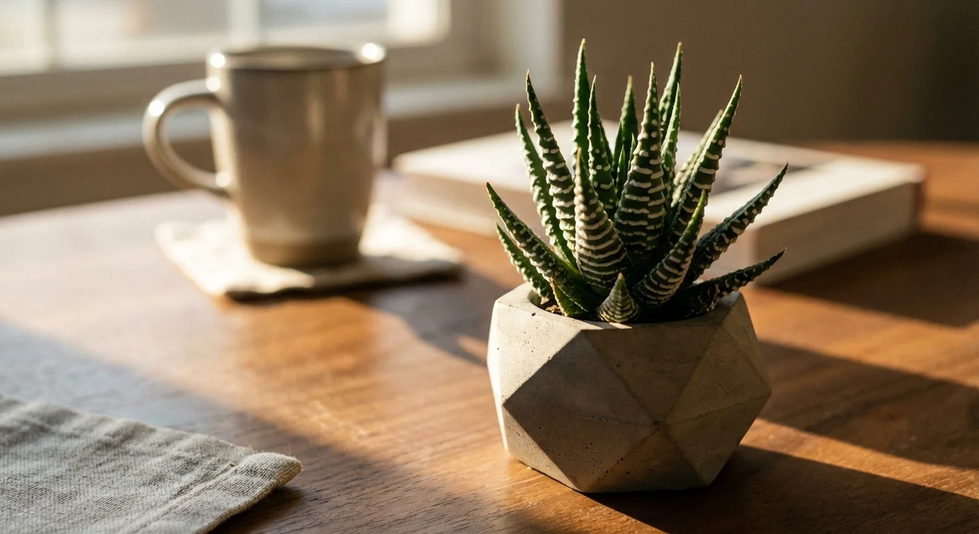 A small Zebra Haworthia succulent with white stripes in a concrete pot.