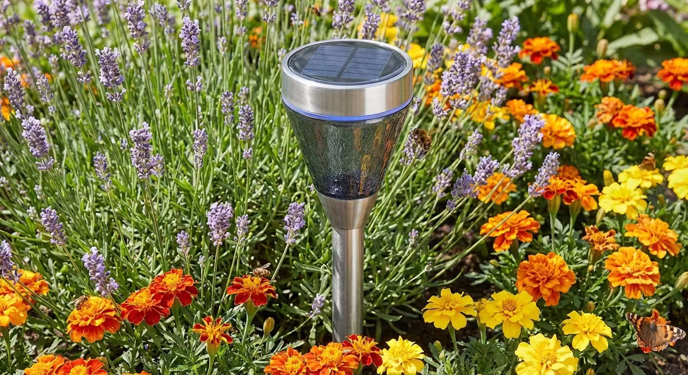 A solar-powered ultrasonic repellent device installed in a flower bed with lavender.