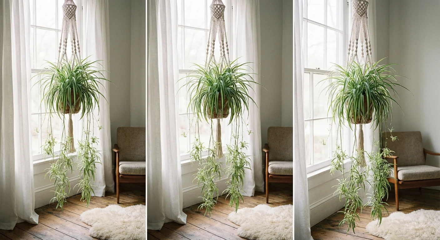 A Spider Plant in a hanging macrame planter near a sunny window.