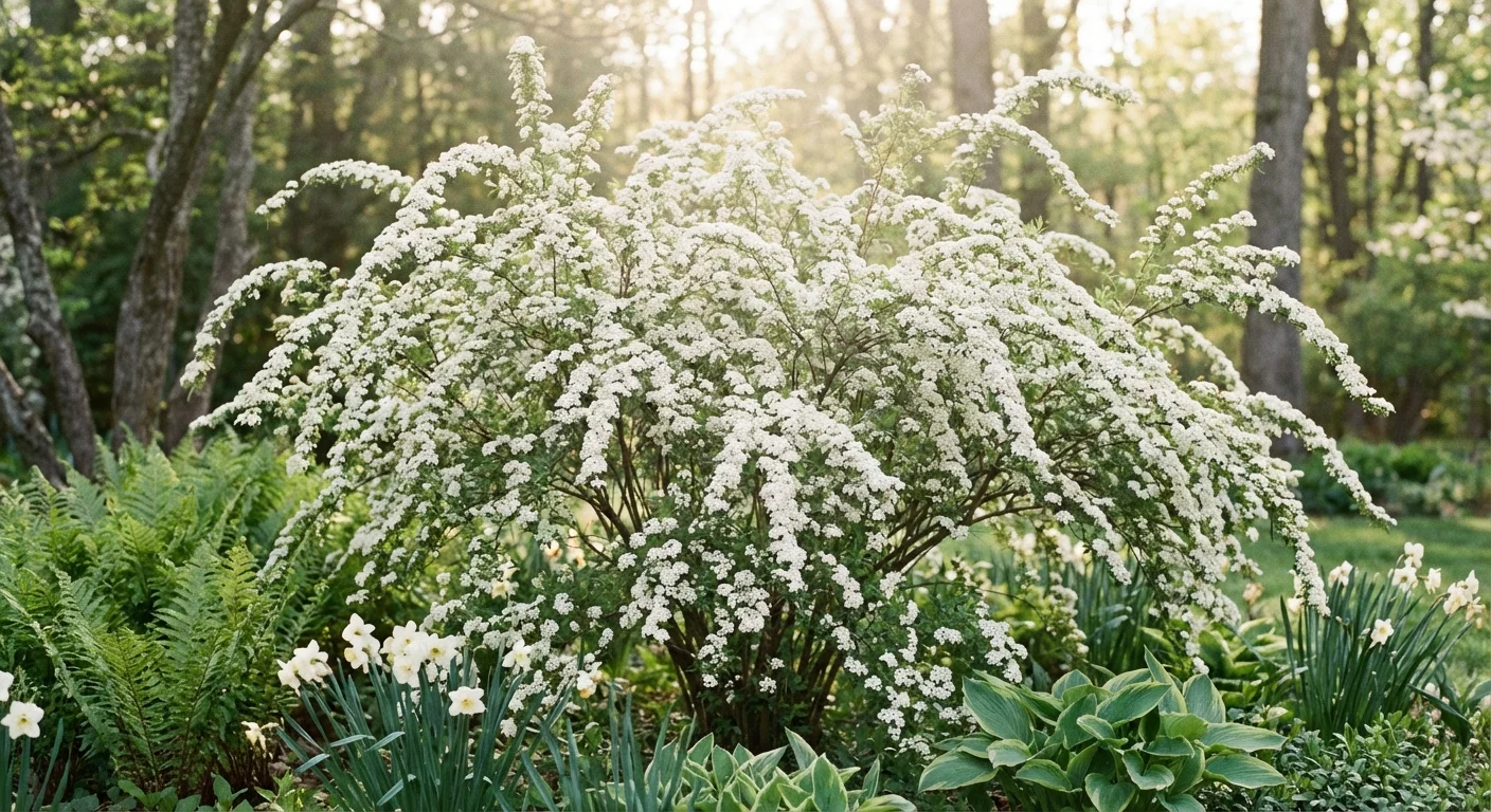 A Spirea shrub featuring delicate white flower clusters on arching branches in a spring garden.
