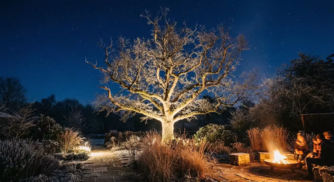 A spotlight illuminating the bare branches of a large tree in a winter garden.