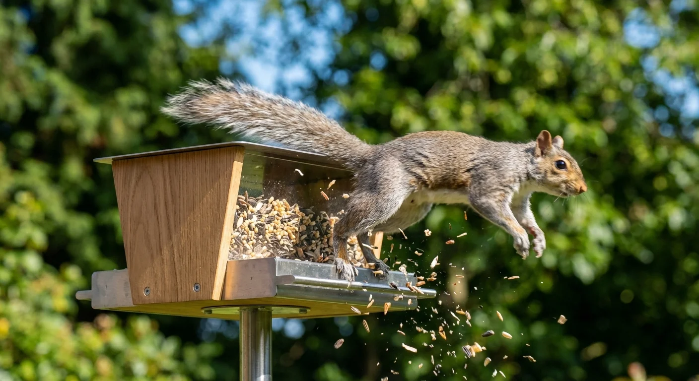 A squirrel raiding a bird feeder in a backyard garden.