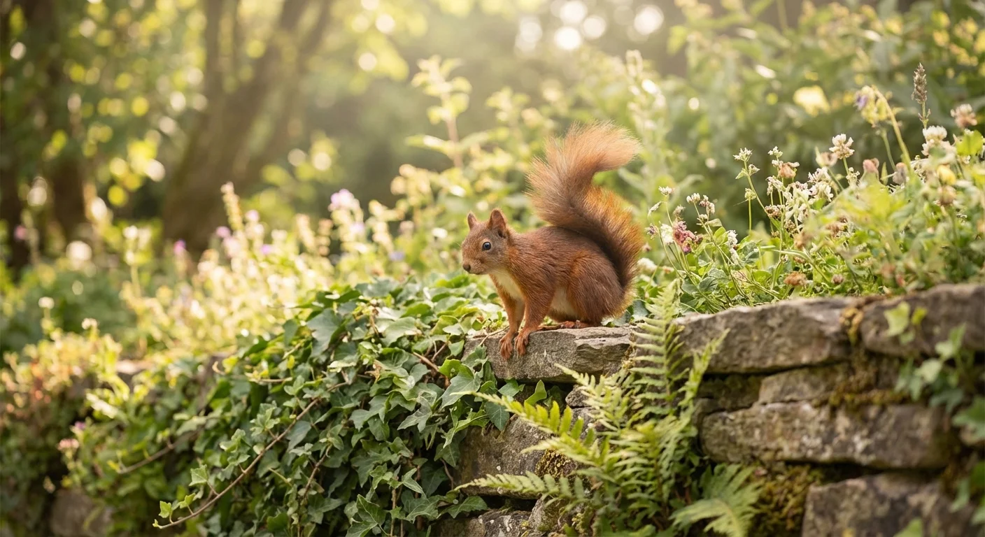 A squirrel sitting on an ivy-covered stone wall in a garden.