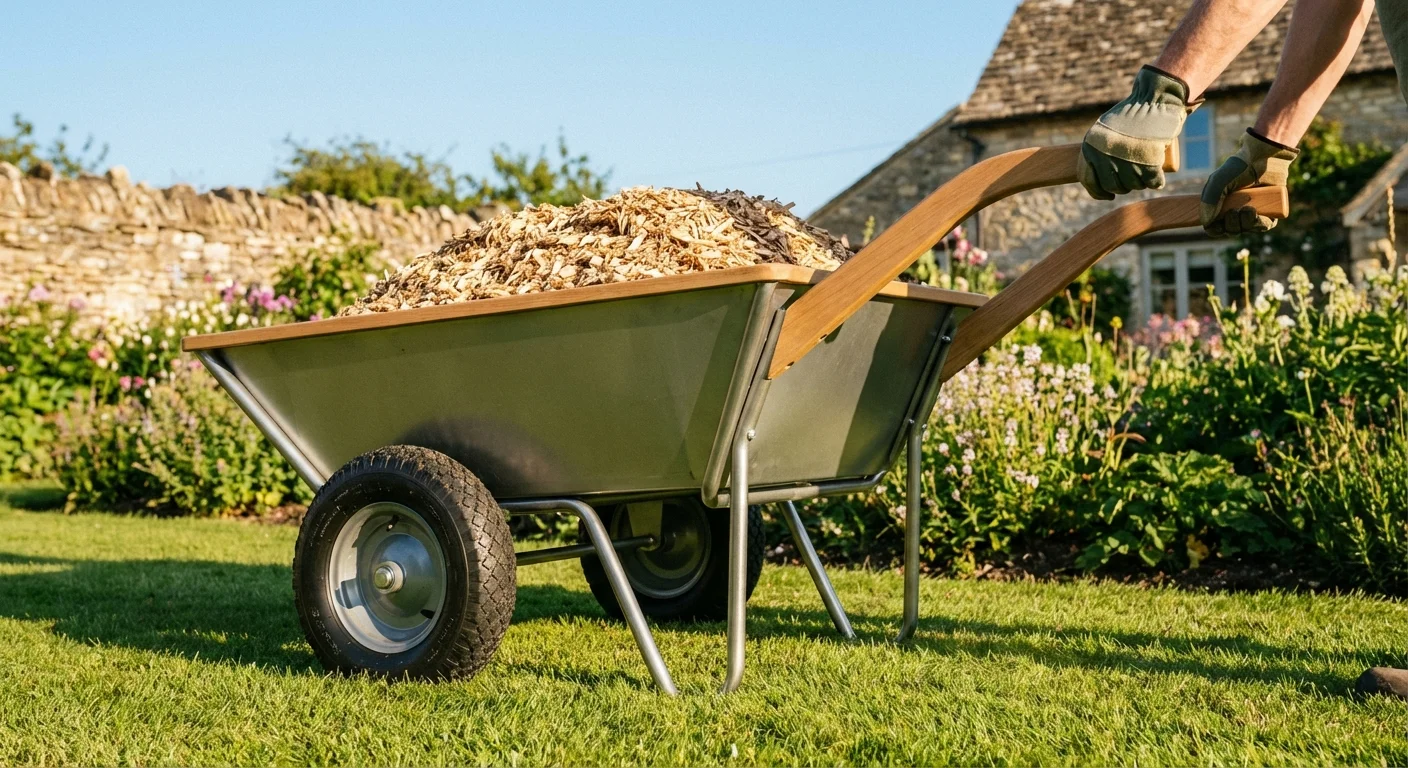 A stable two-wheeled wheelbarrow being used on a green lawn.
