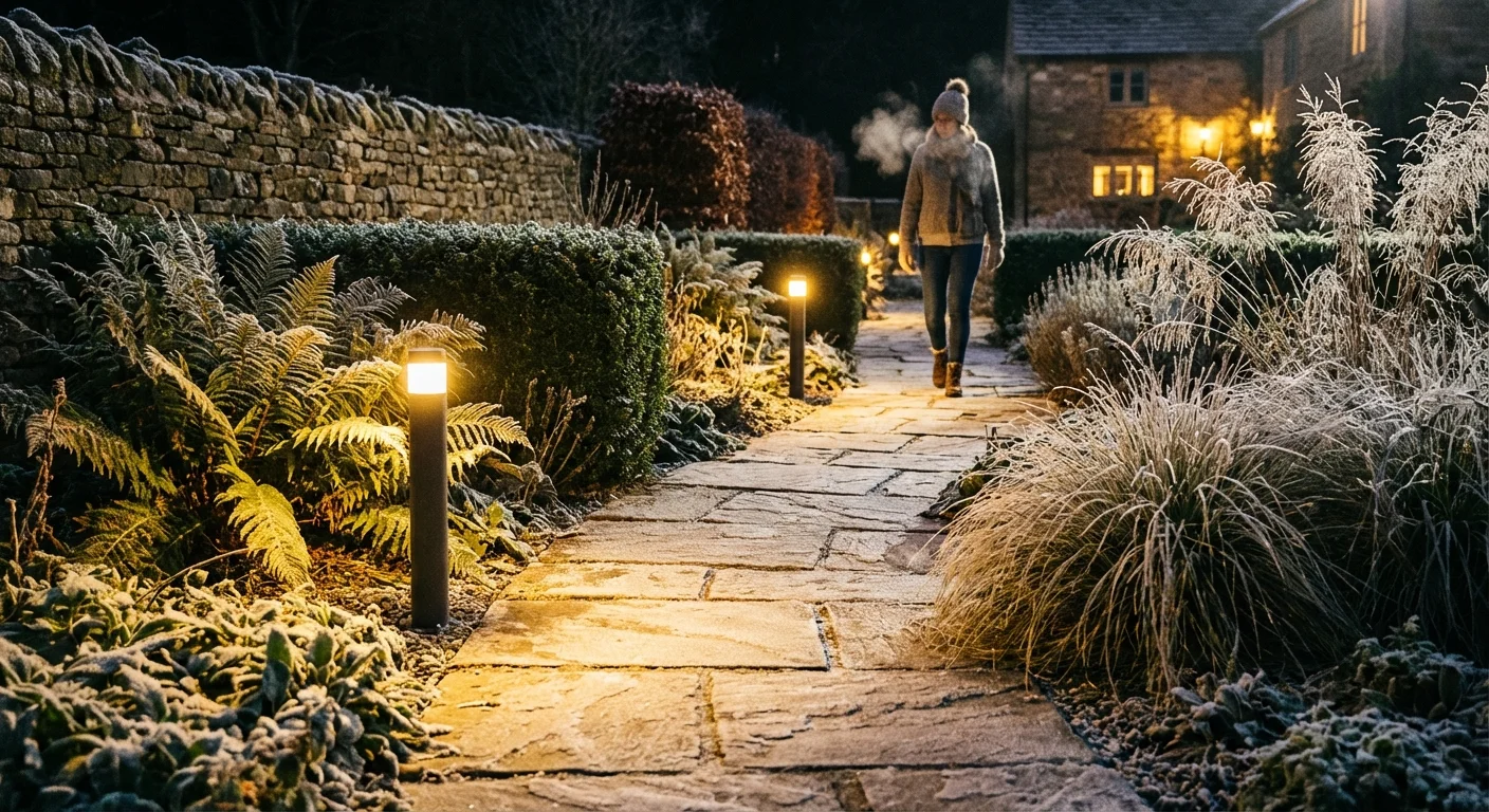 A stone garden path illuminated by warm bollard lights during a frosty winter night.