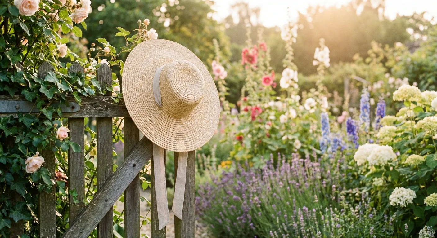 A straw gardening hat hanging on a rustic wooden gate.