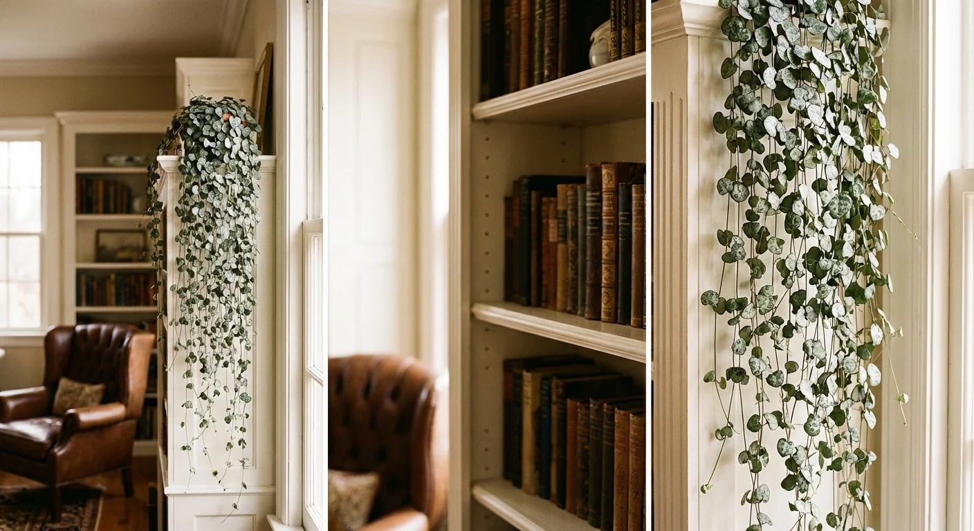 A String of Hearts plant trailing down from a white bookshelf.