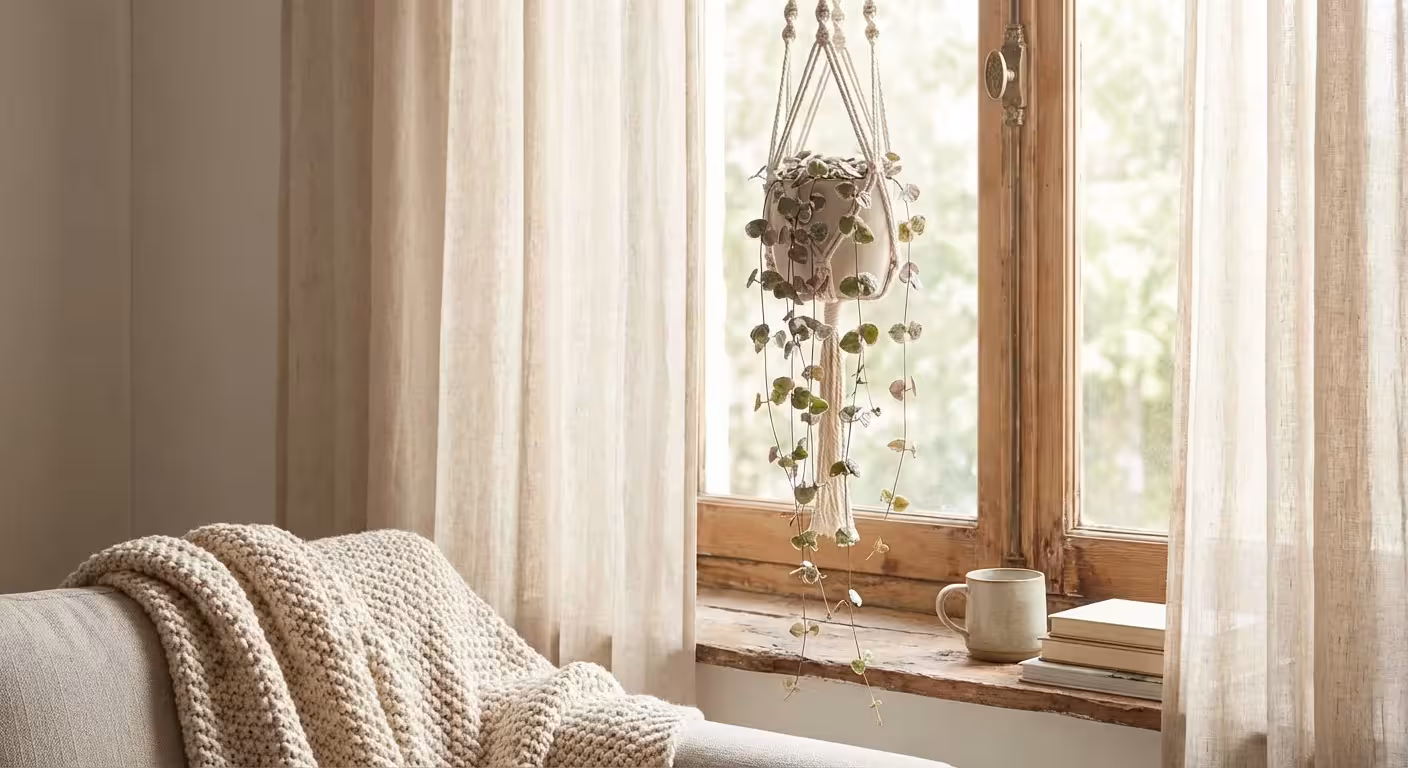A String of Hearts plant trailing from a macrame hanger.