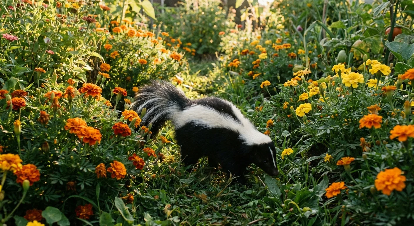 A striped skunk walking through a colorful flowerbed in a sunny garden.