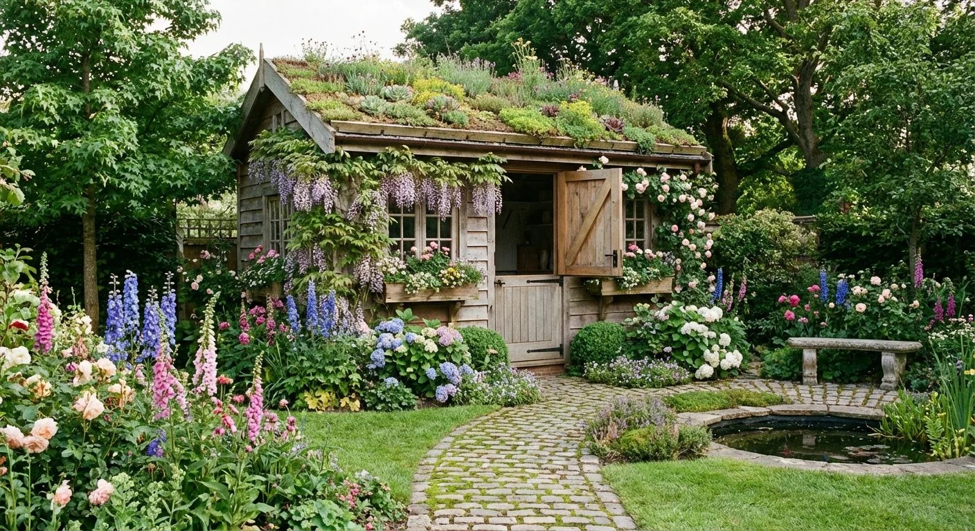 A stunning garden shed serving as the centerpiece of a backyard garden.