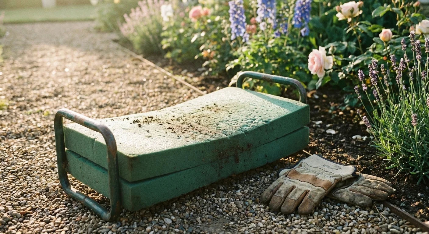 A sturdy green garden kneeler and seat placed next to a flower bed.