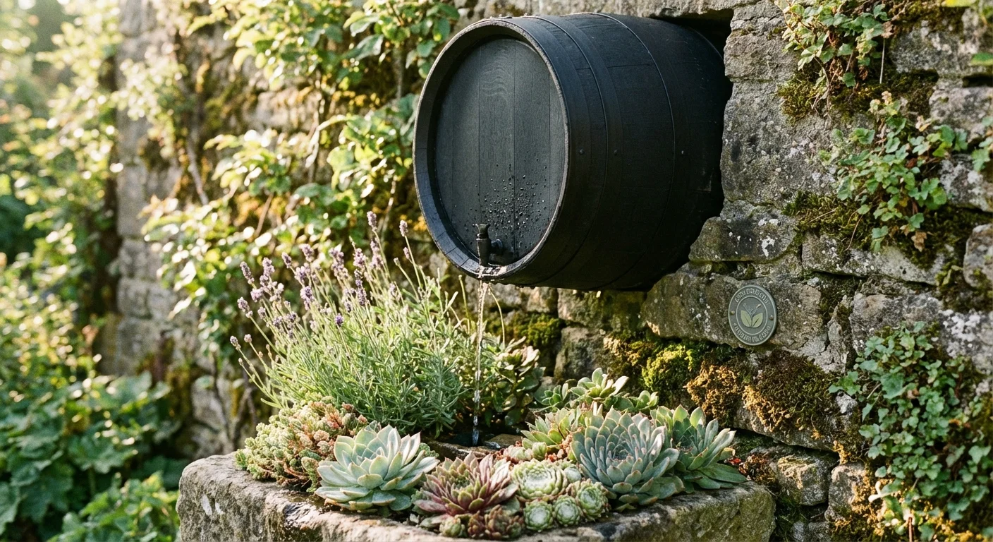 A stylish black rain barrel collecting water in a garden filled with succulents and lavender.