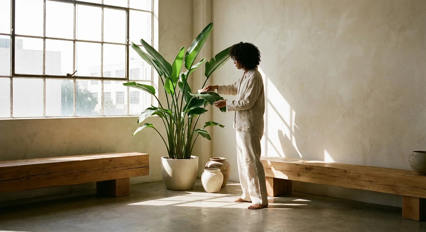 A stylish individual caring for a large Bird of Paradise plant in a modern, bright apartment.