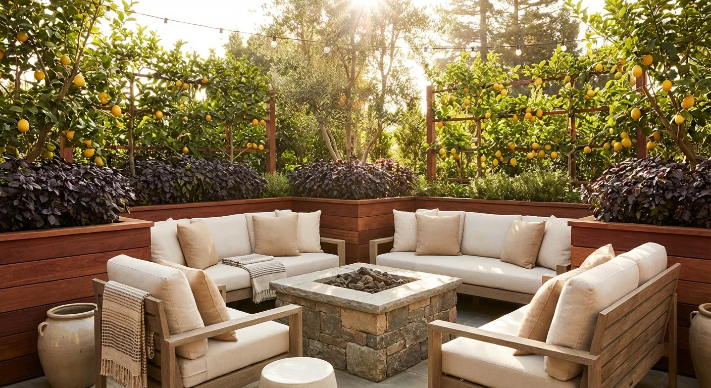 A stylish patio seating area surrounded by raised garden beds containing herbs and citrus trees.