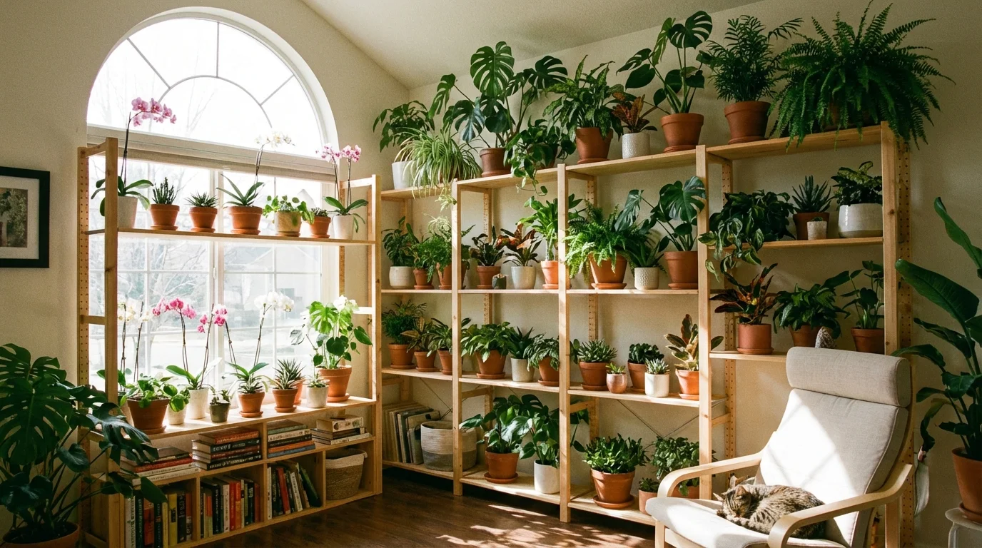 A sunlit shelf featuring several healthy, thriving green indoor plants.