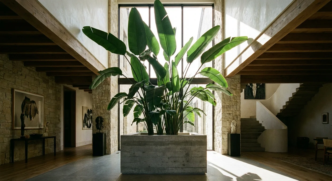 A tall Bird of Paradise plant making a dramatic statement in a high-ceilinged modern home.