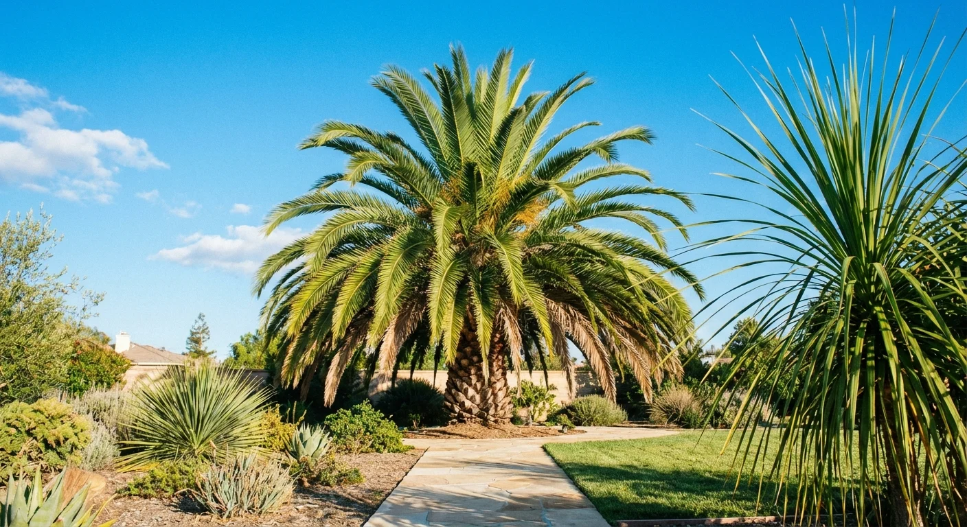 A tall California Fan Palm with iconic fan-shaped leaves in a sunny backyard.