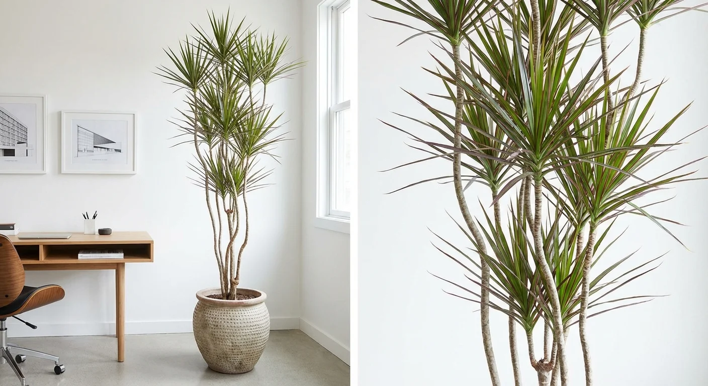 A tall Dracaena Marginata with thin trunks and spiky leaves in a modern office.
