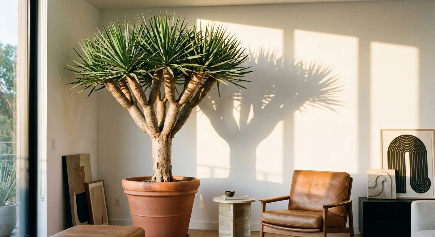 A tall Dragon tree in a terracotta pot standing in a sunlit room corner.