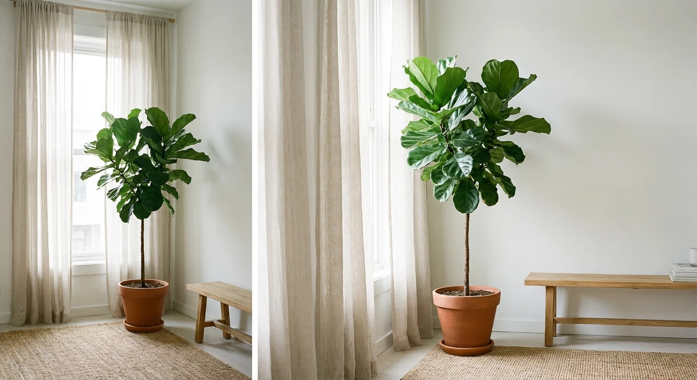 A tall fiddle leaf fig plant placed by a bright window with soft white curtains in a modern room.
