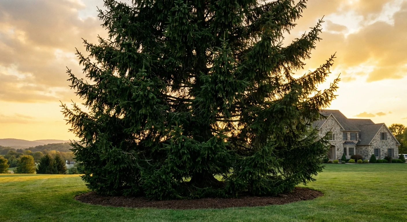 A tall, healthy Norway Spruce tree as a focal point in a manicured green lawn.