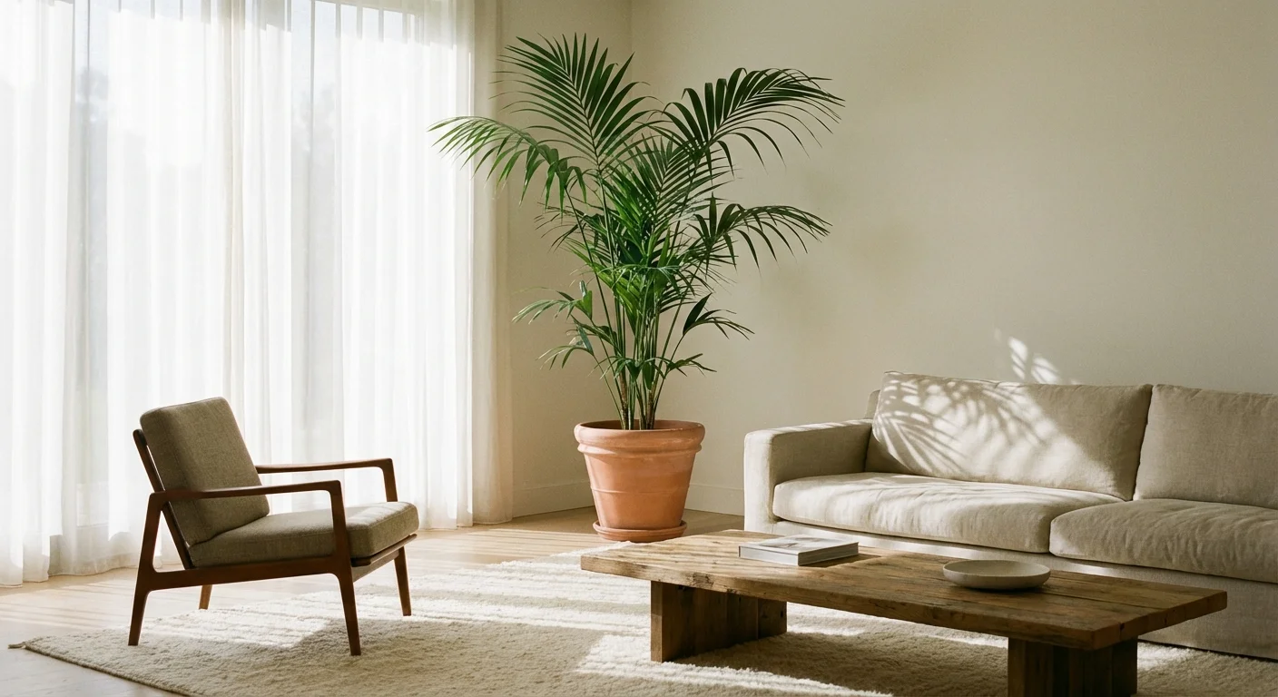 A tall Kentia Palm in a bright, spacious living room corner.