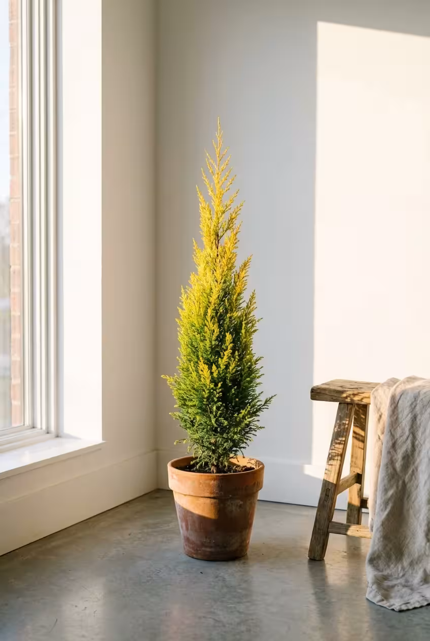 A tall, narrow Gold Cone Juniper with golden-yellow tips in a terracotta pot.