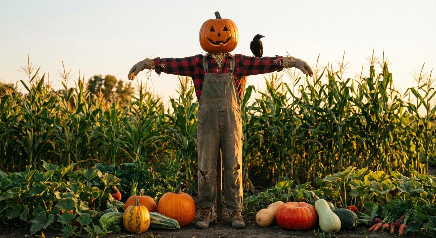 A tall pumpkin-headed scarecrow standing in a garden patch.