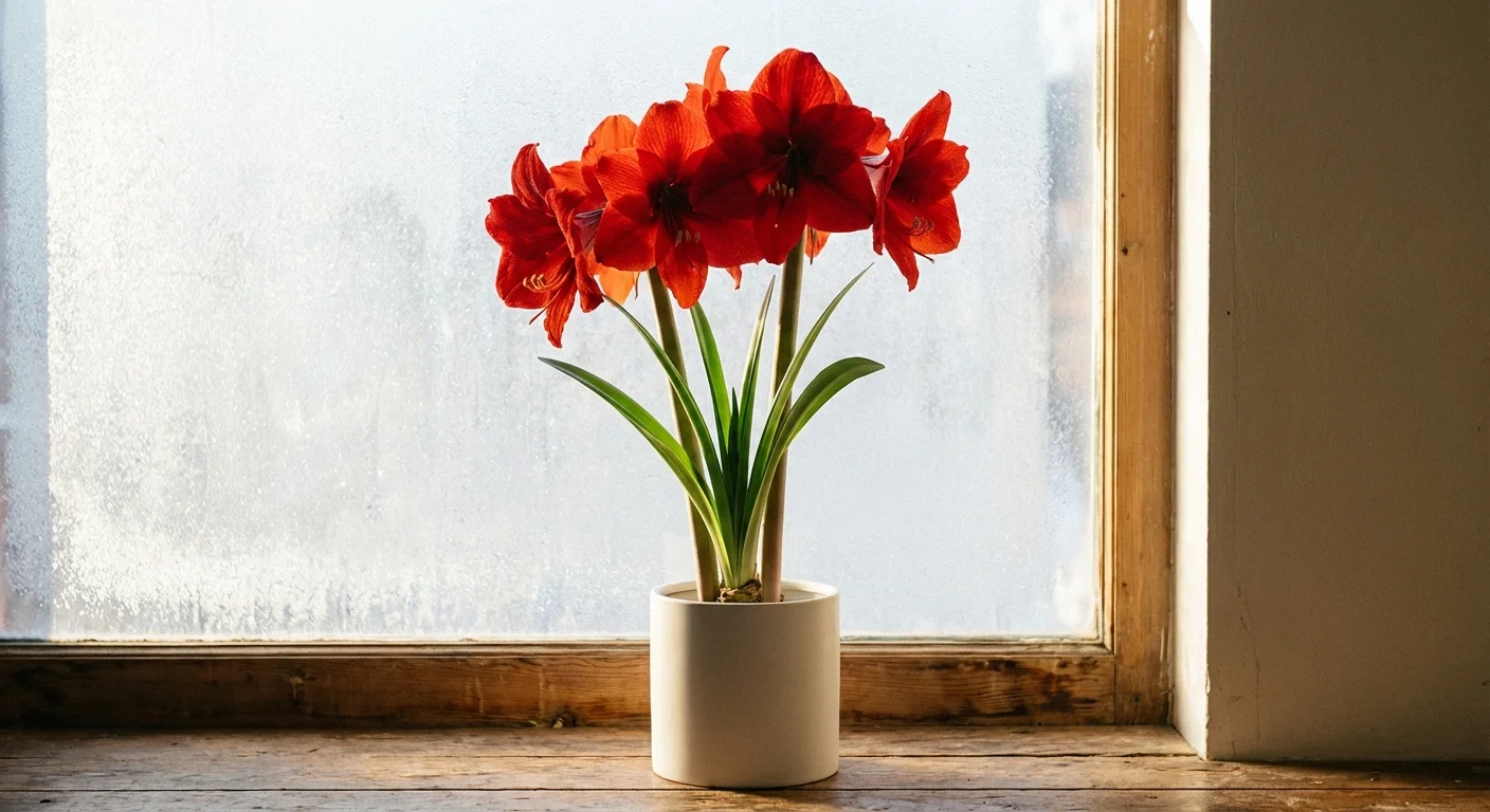 A tall red Amaryllis flower blooming in a white ceramic pot on a sunny winter windowsill.