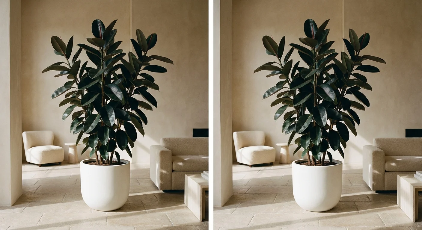 A tall Rubber plant with glossy dark leaves in a white pot against a neutral wall.
