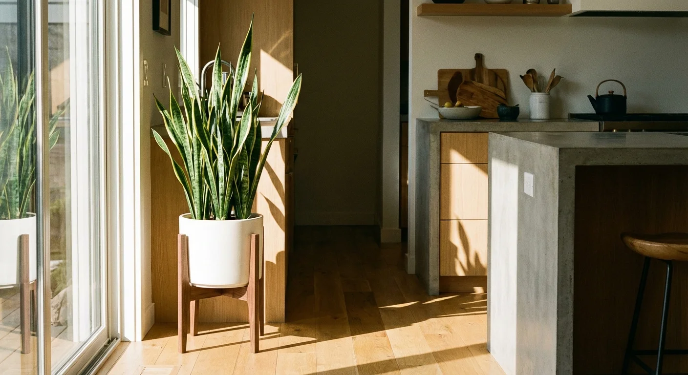 A tall snake plant in a modern planter standing in the corner of a bright, stylish kitchen.
