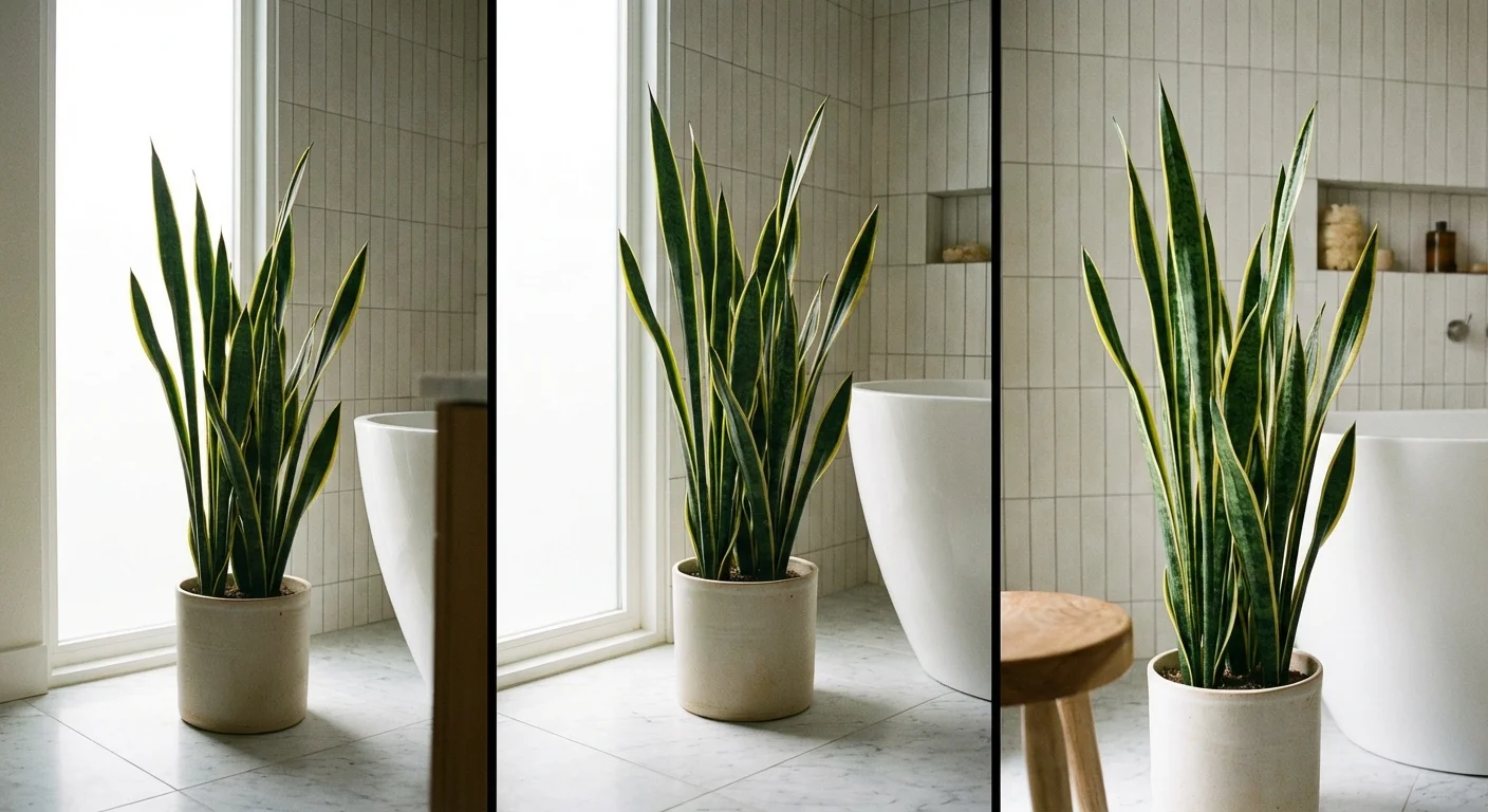 A tall Snake Plant in a white pot standing on a marble floor in a bright bathroom.