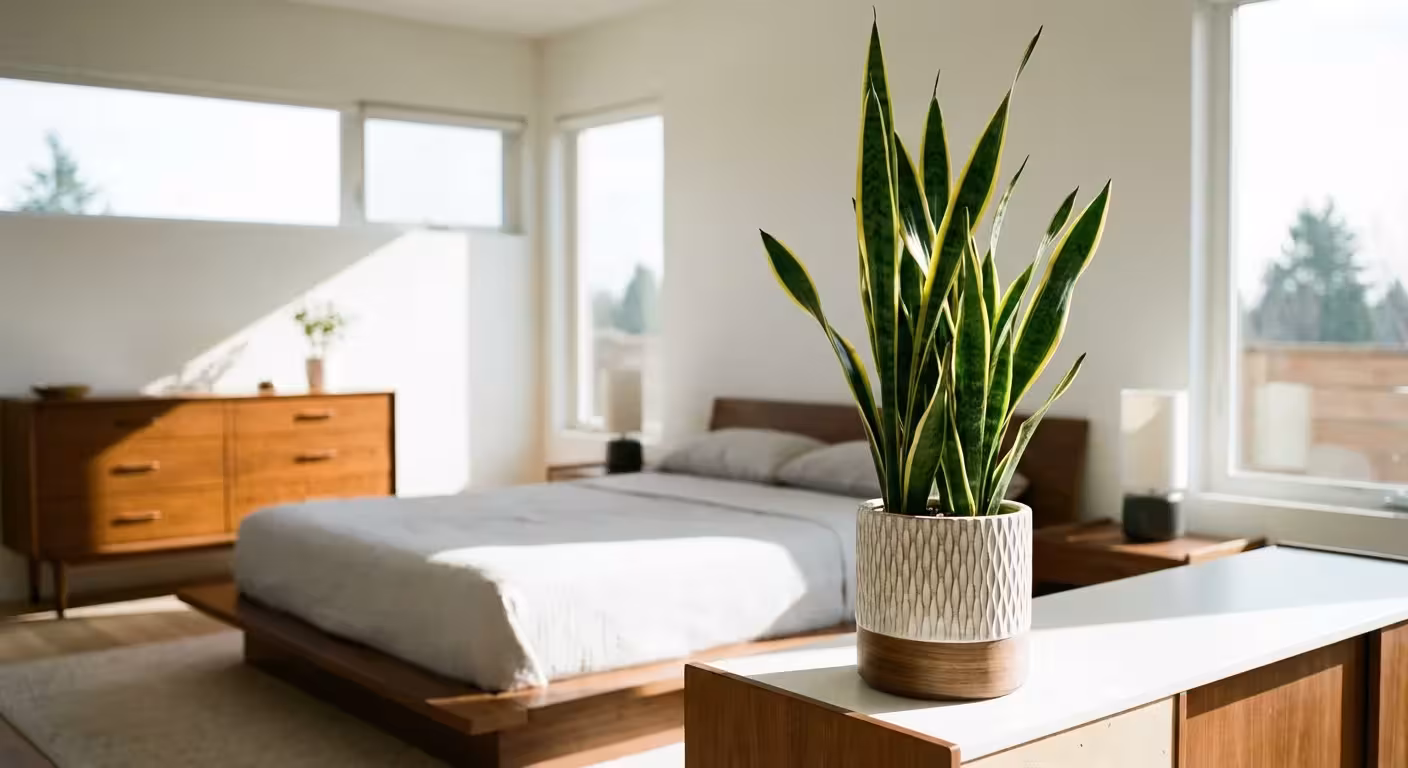 A tall Snake Plant with vertical yellow and green leaves in a stylish pot.